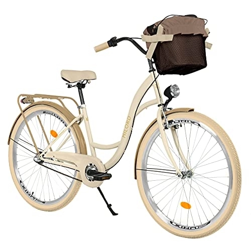 Biciclette da città : Milord Bikes - Bicicletta da donna, 26 pollici, 3 marce, comoda, con cestino, stile olandese, Citybike , retrò, vintage, colore crema e marrone