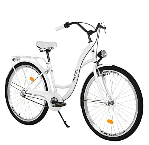 Biciclette da città : Milord Bikes MILORD. 2018 Comfort Bicicletta con dorso Supporto, Holland ruota, bici da donna, a 3 marce, bianco, 28 pollici
