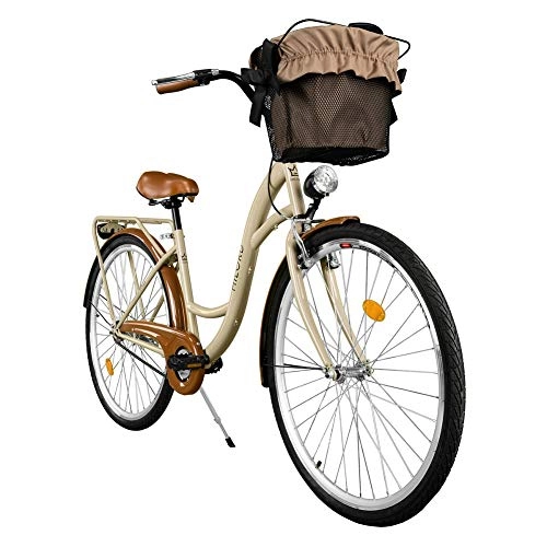 Biciclette da città : Milord City Comfort Bike con cestello, da donna, stile olandese, 3 velocità, marrone, 71, 1 cm
