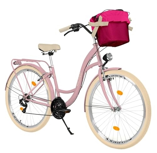 Biciclette da città : Milord Comfort, bicicletta con cestino, bicicletta olandese da donna, City bike, vintage, 28 pollici, rosa crema, cambio Shimano a 21 marce