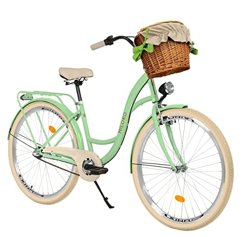 Biciclette da città : Milord Comfort, bicicletta con cestino in vimini, bicicletta olandese da donna, City bike, vintage, 26 pollici, crema menta, shimano a 3 marce, verde