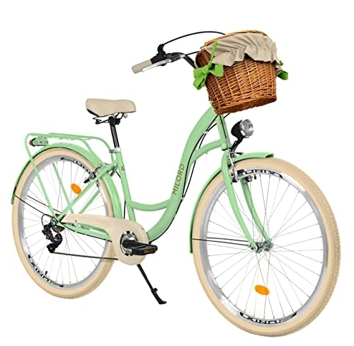 Biciclette da città : Milord Comfort, bicicletta con cestino in vimini, bicicletta olandese da donna, City bike, vintage, 26 pollici, crema menta, Shimano, verde