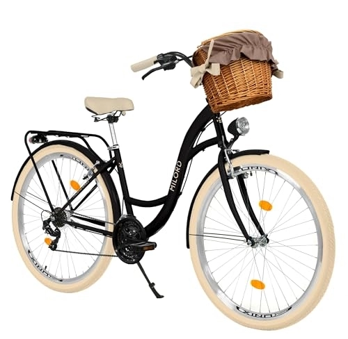 Biciclette da città : Milord Comfort, bicicletta con cestino in vimini olandese, bicicletta da donna, City bike, retrò, vintage, 28 pollici, colore nero, crema Shimano a 7 marce