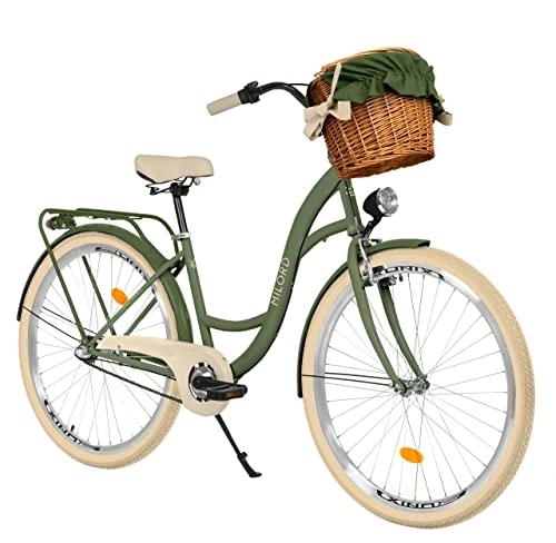 Biciclette da città : Milord Comfort, bicicletta con cestino in vimini olandese, bicicletta da donna, City bike, retrò, vintage, 28 pollici, verde crema, cambio Shimano a 3 marce