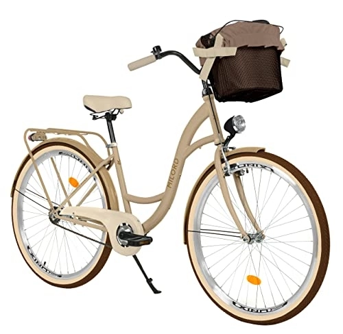Biciclette da città : Milord Comfort, bicicletta con cesto, bicicletta olandese da donna, City bike, retrò, vintage, 28 pollici, marrone crema, 1 marcia