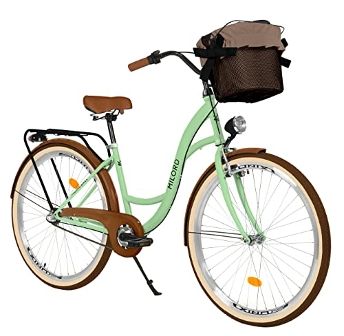 Biciclette da città : Milord Comfort, bicicletta con cesto, bicicletta olandese da donna, City bike, retrò, vintage, 28 pollici, verde, cambio Shimano a 3 marce