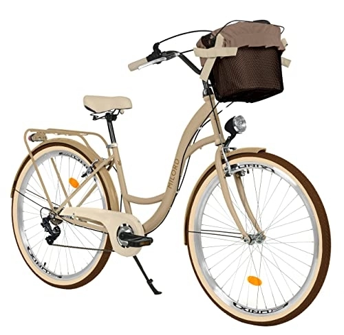 Biciclette da città : Milord Comfort, bicicletta con cesto, bicicletta olandese da donna, City bike, vintage, 28 pollici, marrone crema, 7 marce Shimano