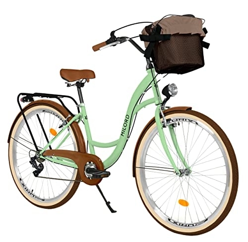 Biciclette da città : Milord Comfort, bicicletta con cesto, bicicletta olandese da donna, City bike, vintage, 28 pollici, verde, cambio Shimano a 7 marce