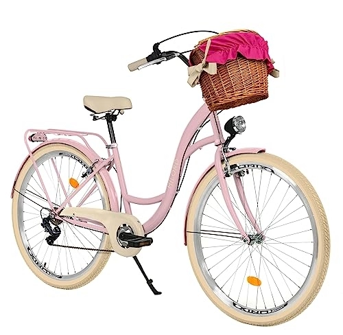 Biciclette da città : Milord Comfort - Bicicletta da donna con cestino in vimini, stile olandese, da città, vintage, 26 pollici, rosa crema, cambio Shimano a 7 marce