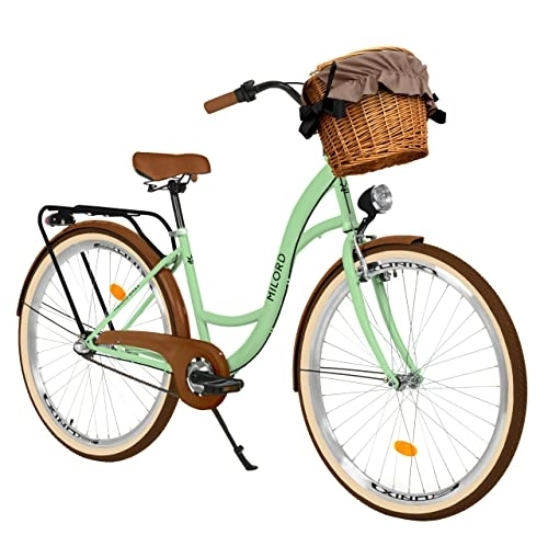 Biciclette da città : Milord Comfort - Bicicletta da donna con cestino in vimini, stile olandese, stile retrò, vintage, 28 pollici, colore: Verde