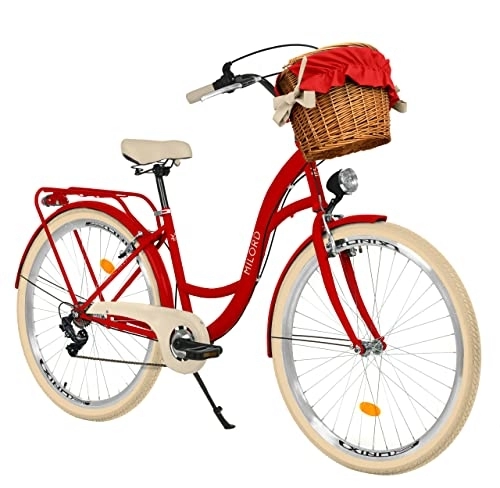 Biciclette da città : Milord Comfort - Bicicletta da donna con cestino in vimini, stile olandese, stile vintage, 28 pollici, colore: rosso, 7 marce Shimano