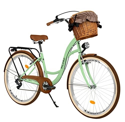 Biciclette da città : Milord Comfort - Bicicletta da donna con cestino in vimini, stile olandese, stile vintage, 28 pollici, colore: Verde Shimano a 7 marce