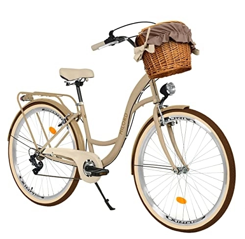Biciclette da città : Milord Comfort - Bicicletta da donna con cestino in vimini, stile olandese, stile vintage, 28 pollici, marrone crema, 7 marce Shimano