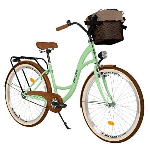 Biciclette da città : Milord Comfort - Bicicletta da donna con cestino, stile olandese, stile retrò, vintage, 1 marcia, colore: Verde