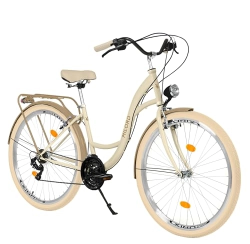 Biciclette da città : Milord Comfort, bicicletta olandese da donna, City bike, vintage, 28 pollici, crema-marrone, cambio Shimano a 21 marce
