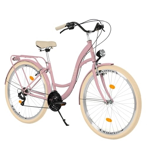 Biciclette da città : Milord Comfort, bicicletta olandese da donna, City bike, vintage, 28 pollici, rosa crema, cambio Shimano a 21 marce