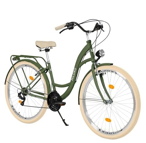 Biciclette da città : Milord Comfort, bicicletta olandese, per giovani, City bike, vintage, 28 pollici, verde crema, cambio Shimano a 21 marce