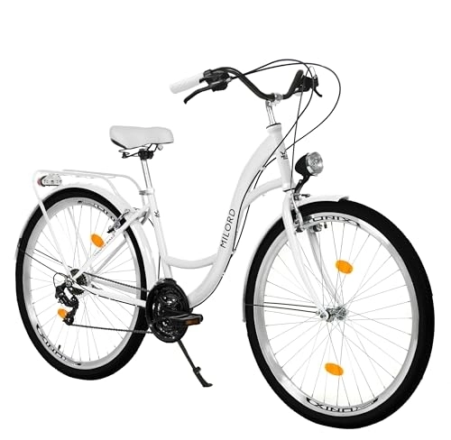 Biciclette da città : Milord Comfort, bicicletta olandese, per ragazzi, City bike, vintage, 28 pollici, colore bianco, cambio Shimano a 21 marce