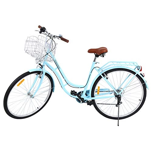 Biciclette da città : MuGuang 28 Pollici 7 Velocità Signore Città Bici Olandese Stile Bicicletta all'Aperto Sport Città Urbana Bicicletta Shopper Bici Luce + Basket + Campana + Batteria-Powered Light(Blu)