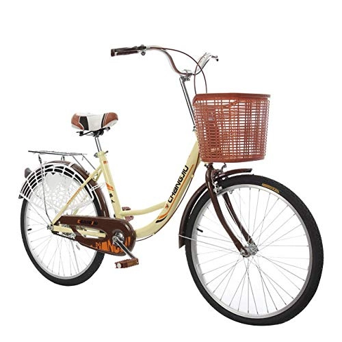 Biciclette da città : QLHQWE Bicicletta da Donna in Stile Olandese, 24 Pollici con cestello Sedile Posteriore da Donna Casual Classico Bicicletta in Acciaio al Carbonio Doppio Freno a V Scelta Multipla di Colori, Beige