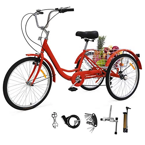 Biciclette da città : Triciclo da 24 pollici per adulti, 7 velocità, 3 ruote con cestino per la spesa, per adulti e anziani, per sport all'aria aperta, città di Vorstadt (rosso)