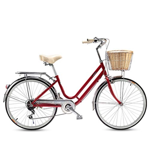 Biciclette da città : ZXLLO Bici da Donna con Cestino Shimano A 6 velocità Bicicletta da Città Ruota 24in Adatto per Il Pendolarismo E Il Gioco con Cestino in Rattan Imitazione, Rosso