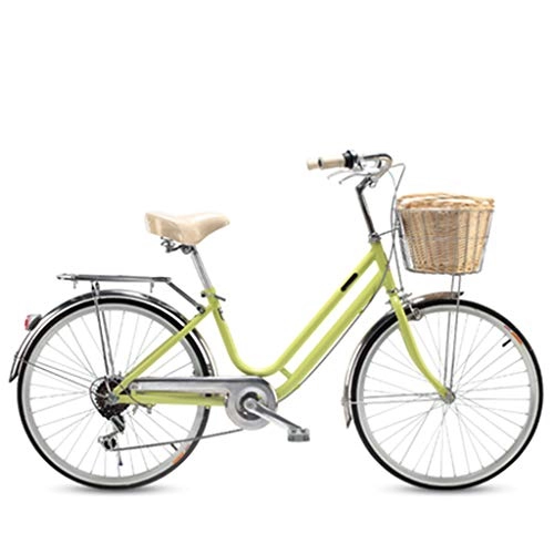 Biciclette da città : ZXLLO Bicicletta da Donna Ruota 24in Shimano A 6 velocità Bicicletta da Città Adatto per Il Pendolarismo E Il Gioco con Cestino in Rattan Imitazione, Verde