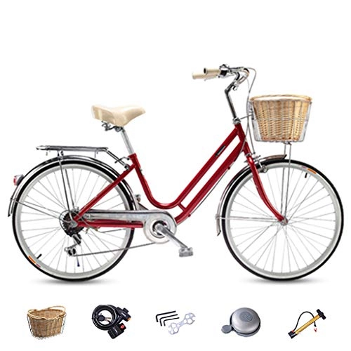 Biciclette da città : ZXLLO Biciclette per Adulti per Donne Shimano A 6 velocità Bicicletta da Città Ruota 24in Adatto per Il Pendolarismo E Il Gioco con Cestino in Rattan Imitazione, Rosso