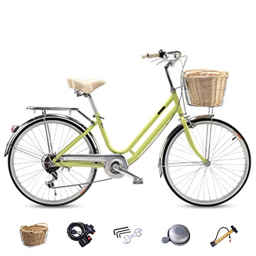 Biciclette da città : ZXLLO Biciclette per Adulti per Donne Shimano A 6 velocità Bicicletta da Città Ruota 24in Adatto per Il Pendolarismo E Il Gioco con Cestino in Rattan Imitazione, Verde