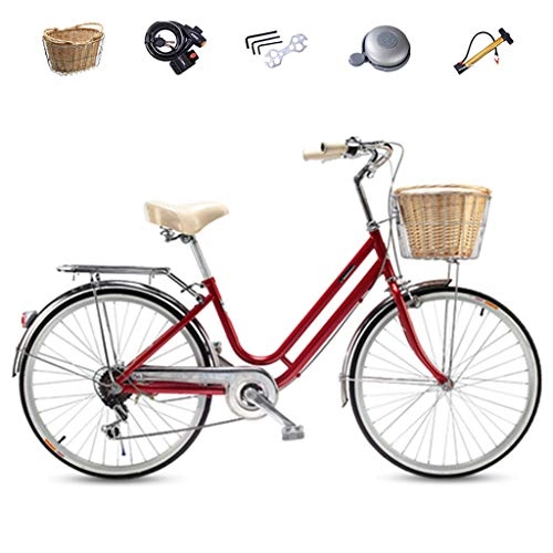 Biciclette da città : ZXLLO Ruota 24in Moto Olandese Shimano A 6 velocità Bicicletta da Città Adatto per Il Pendolarismo E Il Gioco con Cestino in Rattan Imitazione, Rosso