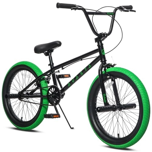 BMX : AVASTA Bicicletta BMX da 20 pollici per bambini Freestyle per 6 7 8 9 10 11 12 13 14 anni Ragazzi e ragazze con 4 picchetti, Nero e Verde