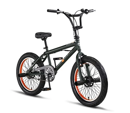 BMX : Licorne - Bicicletta “Jump Premium BMX”, sistema a rotore a 360°, 4 perni in acciaio, carter, ruota libera (oliva, Freestyle-Fatbike)