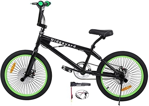 BMX : MuGunag BMX Freestyle - Bicicletta per bambini da 20 pollici, sistema di rotore a 360°, 2 pioli in acciaio, ruota libera a V, freno BMX per bambini per principianti (nero + verde)