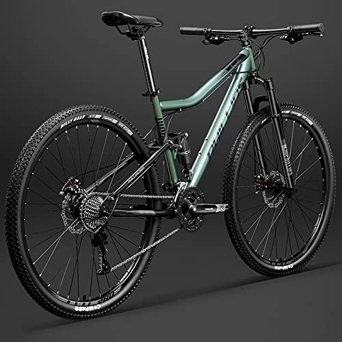 Mountain Bike : 29 inch Bicycle Frame Full Suspension Mountain Bike, Double Shock Absorption Bicycle Mechanical Disc Brakes Frame (Green 27 Speeds)