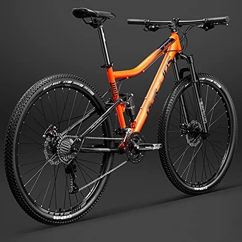 Mountain Bike : 29 inch Bicycle Frame Full Suspension Mountain Bike, Double Shock Absorption Bicycle Mechanical Disc Brakes Frame (Orange 27 Speeds)