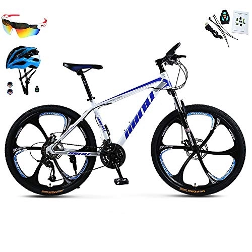 Mountain Bike : AI-QX Bici Bicicletta MTB Doppio Ammortizzatore, Cambio 30, Telaio in Fibra di Acciaio, Sistema frenante Freno Olio, compresi Occhiali + Casco, 26'', Blu