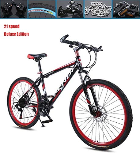 Mountain Bike : AISHFP 26 Pollici per Adulti Mountain Bike, Doppio Freno a Disco Cruiser Bikes, Spiaggia motoslitta Biciclette, Doppio Strato di Alluminio Lega, 21 velocità, Rosso, Deluxe Edition