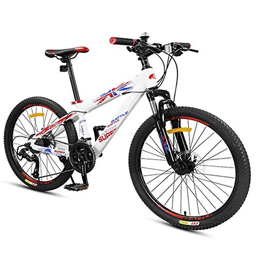 Mountain Bike : BCX Mountain bike per ragazzi, bici da montagna con doppio freno a disco, sospensione anteriore in alluminio con telaio per bicicletta da montagna per tutti i terreni, bianca, 24 pollici 27 velocità
