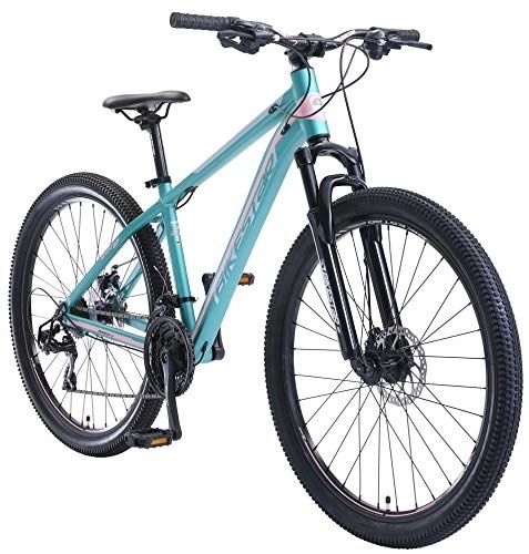 Mountain Bike : BIKESTAR Hardtail Mountain Bike in Alluminio, Freni a Disco, 27.5" | Bicicletta MTB Telaio 16" Cambio Shimano a 21 velocità, sospensioni | Turchese Rosso
