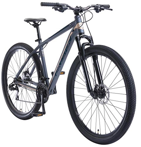 Mountain Bike : BIKESTAR Hardtail Mountain Bike in Alluminio, Freni a Disco, 29" | Bicicletta MTB Telaio 19" Cambio Shimano a 21 velocità, sospensioni | Blu Marrone