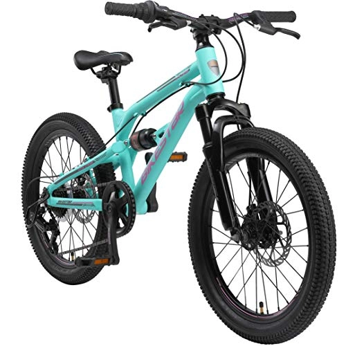 Mountain Bike : BIKESTAR MTB Mountain Bike Sospensione Completa Alluminio per Bambini 6 Anni | Bicicletta 20 Pollici 7 velocità Shimano, Freni a Disco | Turchese