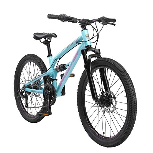 Mountain Bike : BIKESTAR MTB Mountain Bike Sospensione Completa Alluminio per Bambini 9 Anni | Bicicletta 24 Pollici 21 velocità Shimano, Freni a Disco | Blu