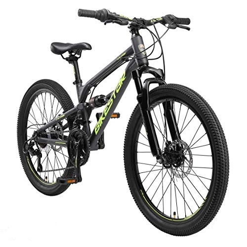 Mountain Bike : BIKESTAR MTB Mountain Bike Sospensione Completa Alluminio per Bambini 9 Anni | Bicicletta 24 Pollici 21 velocità Shimano, Freni a Disco | Nero