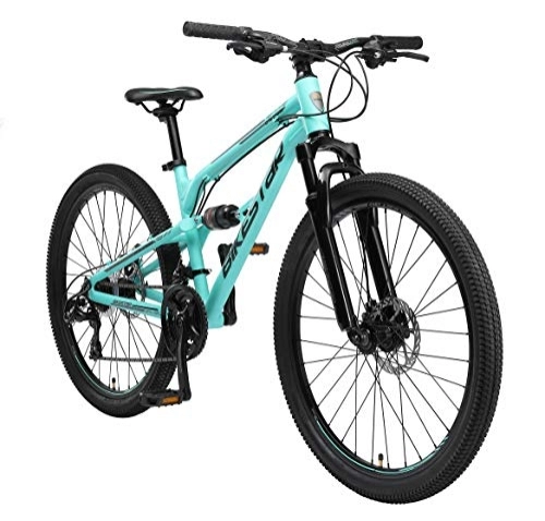 Mountain Bike : BIKESTAR MTB Mountain Bike Sospensione Completa in Alluminio, Freni a Disco, 26" | Bicicletta MTB Telaio 16" Cambio Shimano a 21 velocità | Turchese