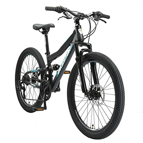 Mountain Bike : BIKESTAR MTB Mountain Bike Sospensione Completa per Bambini 8 Anni | Bicicletta 24 Pollici 21 velocità Shimano, Freni a Disco | Nero