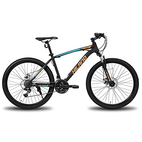 Mountain Bike : Hiland Mountain bike da 26 / 27, 5 pollici, con telaio in acciaio, forcella ammortizzata per bicicletta, Urban Commuter, City, nero / arancione