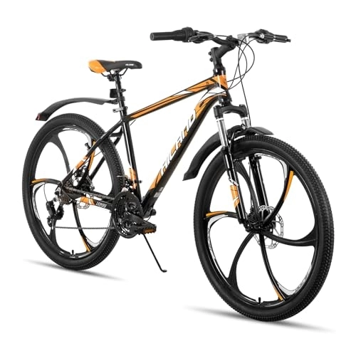 Mountain Bike : HILAND Mountain Bike da 26 Pollici con Telaio in Alluminio da 432 mm, Nero e Arancione, Bici da Montagna con Forcella Ammortizzata e 6 Ruote a Raggi per Uomo e Donna