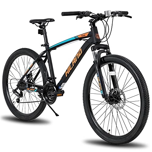 Mountain Bike : Hiland - Mountain bike da 26 pollici, mountain bike, cambio Shimano a 21 marce, telaio in acciaio, telaio a disco, forcella ammortizzata, per ragazzi, bici da città, colore arancione