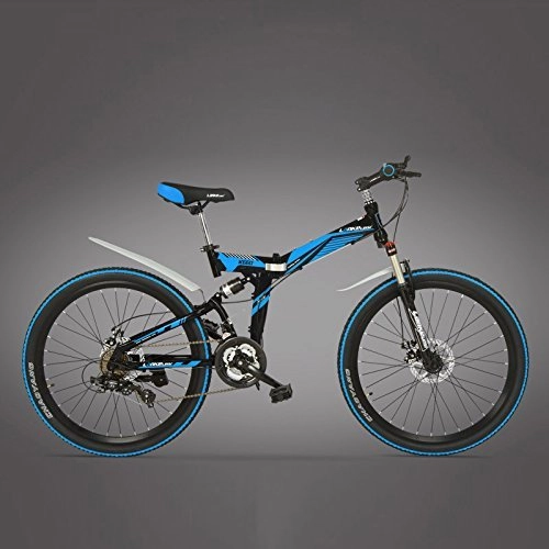 Mountain Bike : K660M Bicicletta pieghevole MTB da 24 / 26 pollici, Bicicletta pieghevole a 21 velocità, Forcella bloccabile, Sospensione anteriore e posteriore, Freno a disco, Mountain Bike (Nero Blu, 24 Inches)
