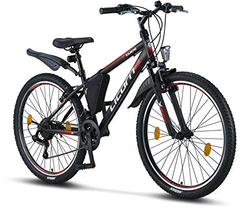 Mountain Bike : Licorne Bike - Mountain bike 26” cambio a 21 marce, forcella ammortizzata, bicicletta per bambini, ragazzi, donne e uomini, con borsa per il telaio, Bambino Uomo, nero / rosso / grigio